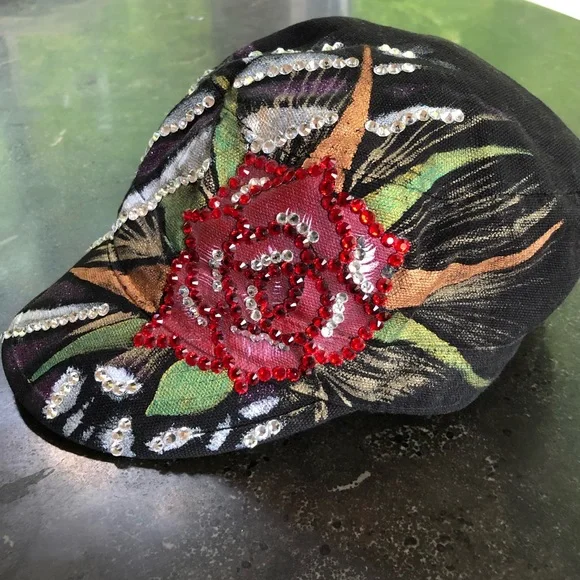 Trucker hat embellished with metallic paint, crystals, and beads - adjustable - Picture 6 of 15